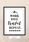 Motivational Quote - Work, Save, Travel, Repeat - Home - Print - Krafty Hands Designs