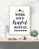 Motivational Quote - Work, Save, Travel, Repeat - Home - Print - Krafty Hands Designs