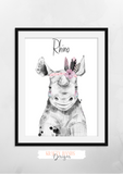 Safari Rhino With Pink Feathers - Nursery Prints - Krafty Hands Designs