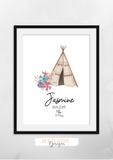 Personalised Watercolour Tipi Name and Birth Information - Nursery Print - Krafty Hands Designs
