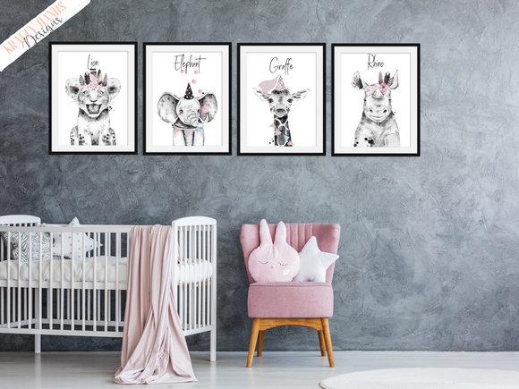 Pink Safari Animals - Set of 3- Nursery Print - Krafty Hands Designs
