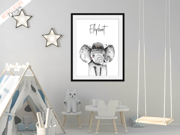 Safari Elephant with Hat - Nursery Print - Krafty Hands Designs