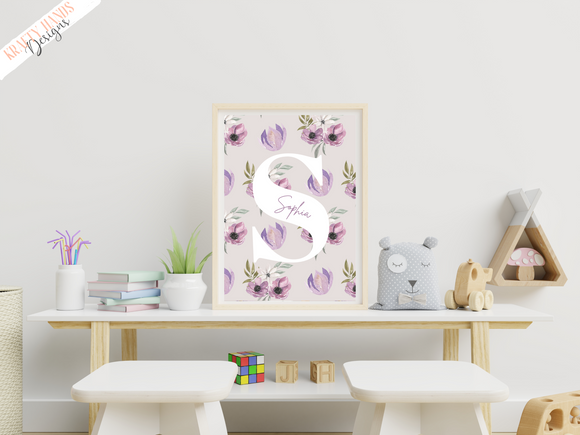 Initial Print -Purple Flower Theme - Krafty Hands Designs