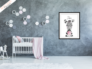 Safari Zebra With Pink Bubble - Nursery Print - Krafty Hands Designs