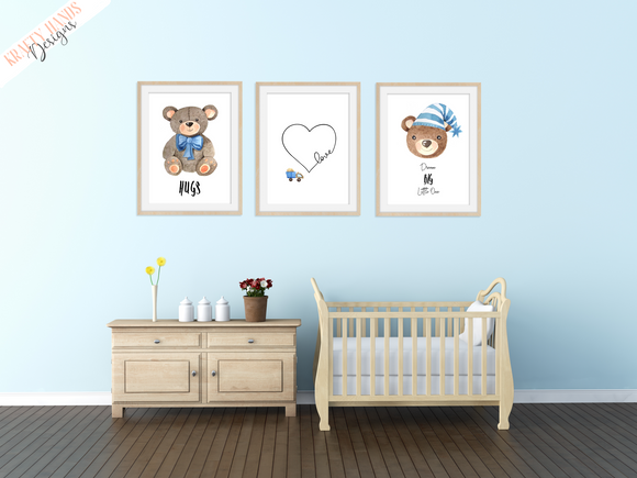 Watercolour - Blue Bear Hug - Set of 3- Nursery Prints - Krafty Hands Designs