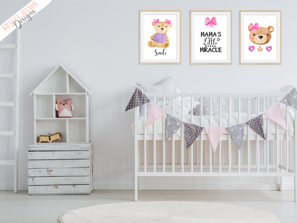 Watercolour - Pink Little Miracle Bear - Set of 3- Nursery Prints - Krafty Hands Designs