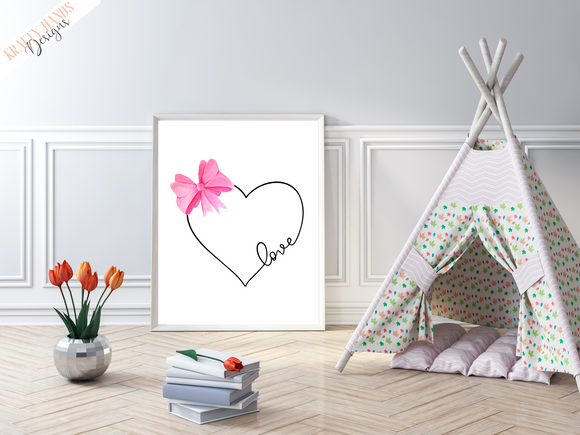 Love Heart - Pink Bow- Nursery Print - Krafty Hands Designs