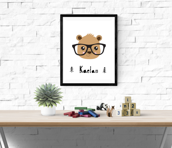 Personalised Scandinavian Bear with Glasses -Nursery Print - Krafty Hands Designs