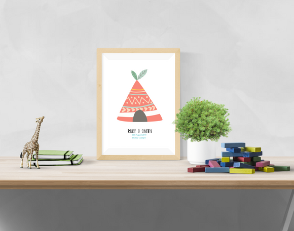 Personalised Tipi Name and Birth Information - Nursery Print - Krafty Hands Designs