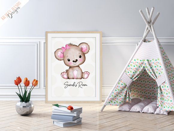 Personalised Pink Bear Room Name - Nursery Print - Krafty Hands Designs