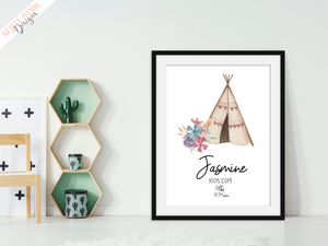 Personalised Watercolour Tipi Name and Birth Information - Nursery Print - Krafty Hands Designs